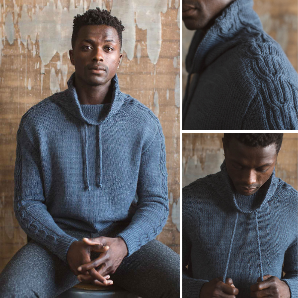Triptych of a hand knit pullover with cabling down sleeves