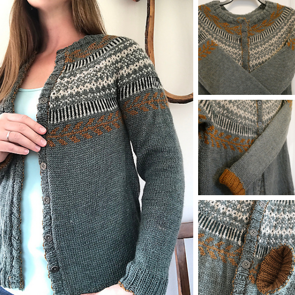 Collage of a hand knit cardigan with a fair isle colorwork yoke