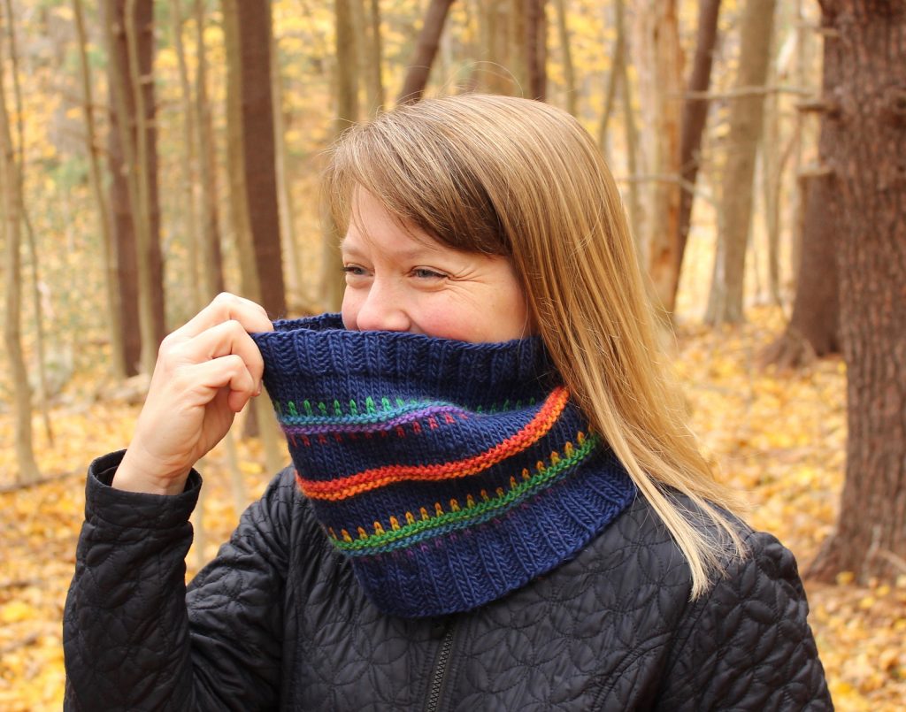 multicolored cowl in blues, red, and green