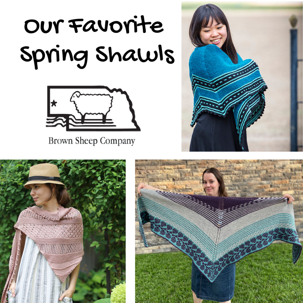 three spring shawls in lace and multiple colors