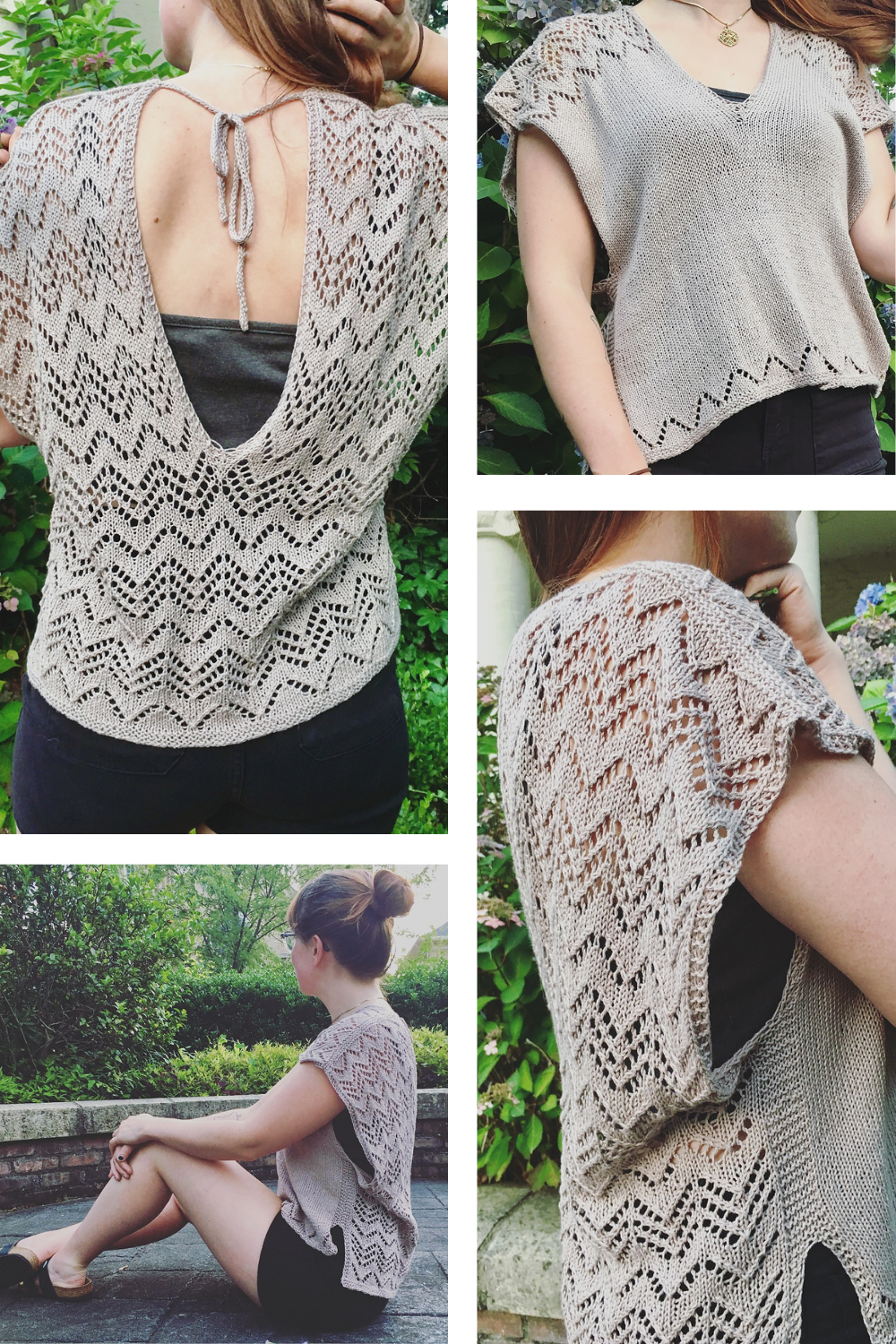 A quad of photos show different views of a gray knit top with a full lace, scooped neck back and front with lace details around shoulders and hem