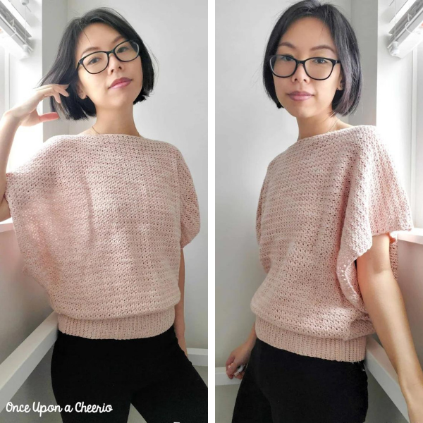 side by side photos show an asian woman wearing a pale pink, crocheted bat wing top in an allover lace pattern