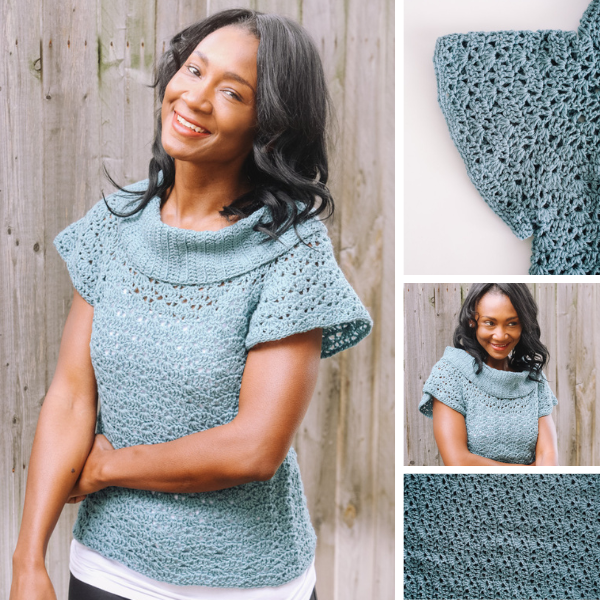 A quad of photos show off a teal crocheted t-shirt with a cowl neck and loose flutter sleeves