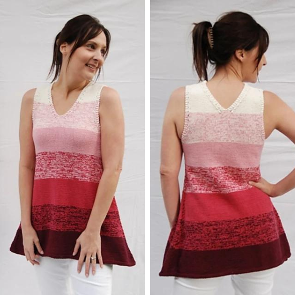 side by side images of a woman wearing a sleeveless knit top with wide ombre stripes moving in gradations from white to pink to red. Both back and front of the tank are shown,