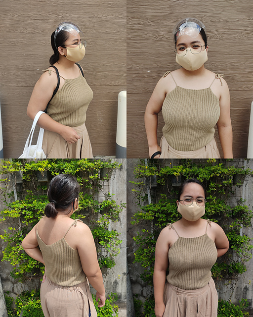 A quad of photos show different views of a strappy, olive green crocheted tank top on a masked woman