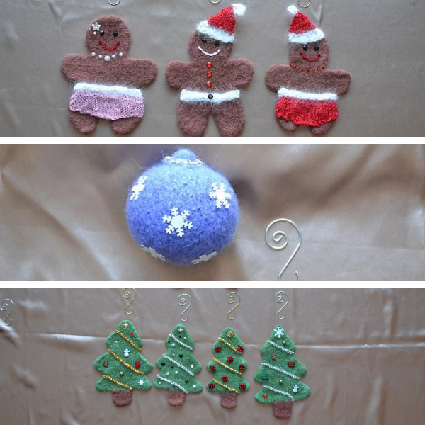 a triptych of photos stacked vertically show felted gingerbread men ornaments, felted bauble ornament, and felted christmas tree ornaments