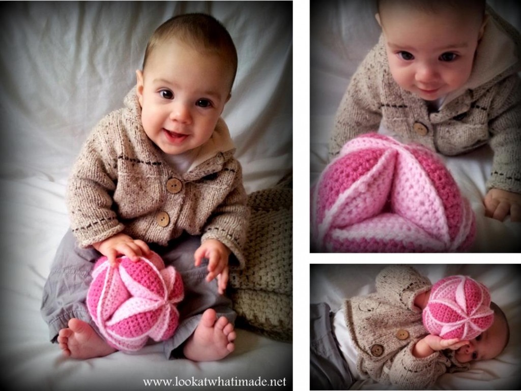 A triptych of a small baby holding a crocheted pink amish puzzle ball