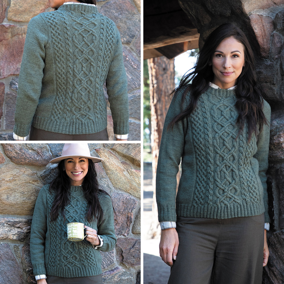 A triptych shows 3 views of a woman wearing a dark sable green knit sweater with a complex cable design