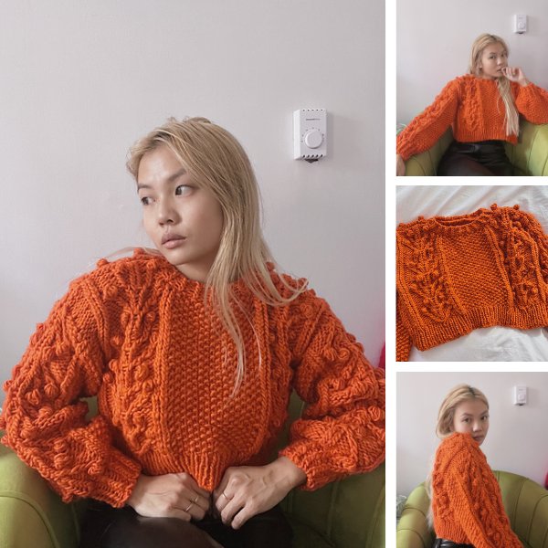 A quartet of images show an Asian woman wearing a cropped bright orange knit sweater with bobble and cable details