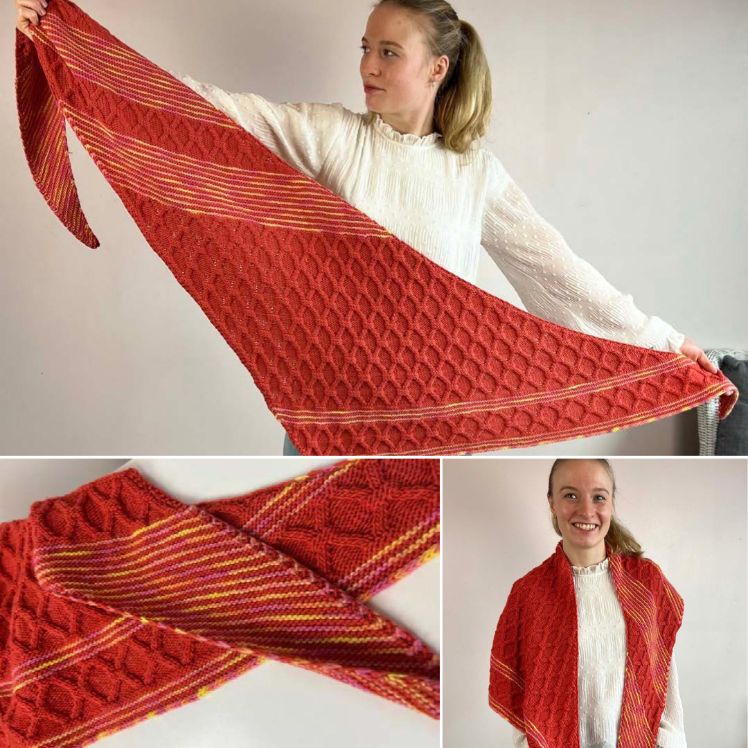 Three images show different views of a bright red and multicolor knit shawl with cablework and striping details
