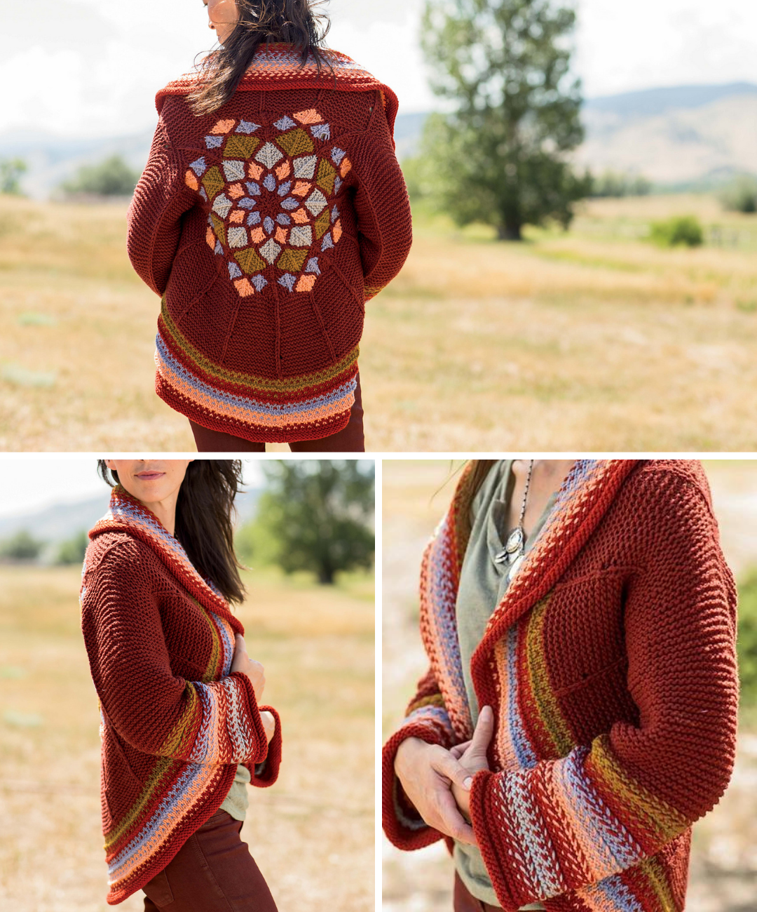 3 views of a circular handknit cardigan featuring wide, striped sleeves and a multicolor dreamcatcher design on the back