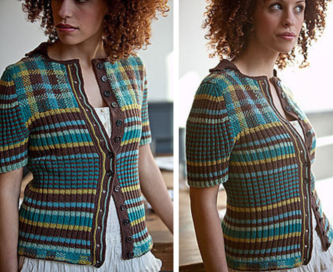 side by side views of a hand knit, multicolor short sleeve cardigan featuring both stripe colorwork and plaid colorwork