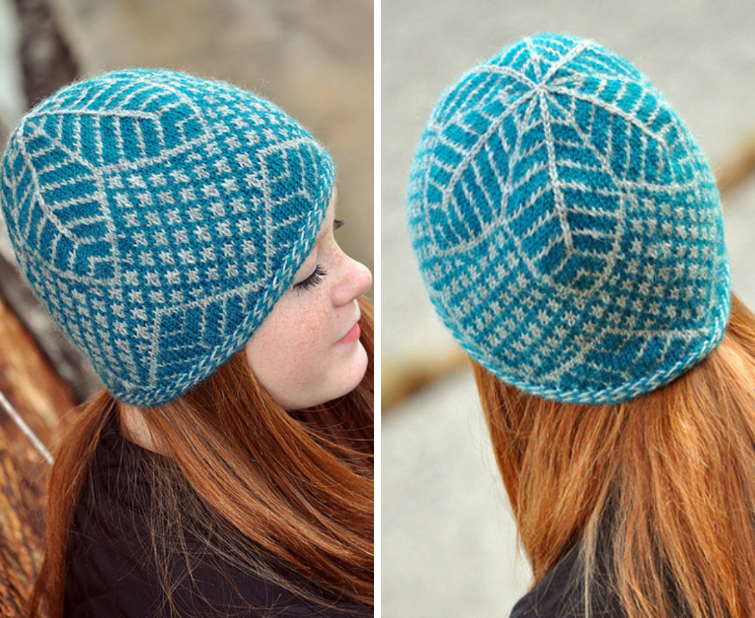 A blue and silver knit hat shown in side view and from above featuring an intricate floral colorwork design