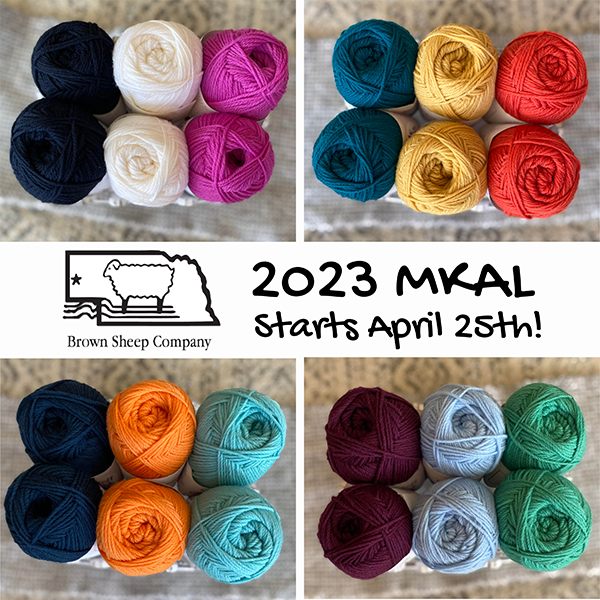 A quad featuring kits for Brown Sheep's spring MKAL 2023 in 4 colorways