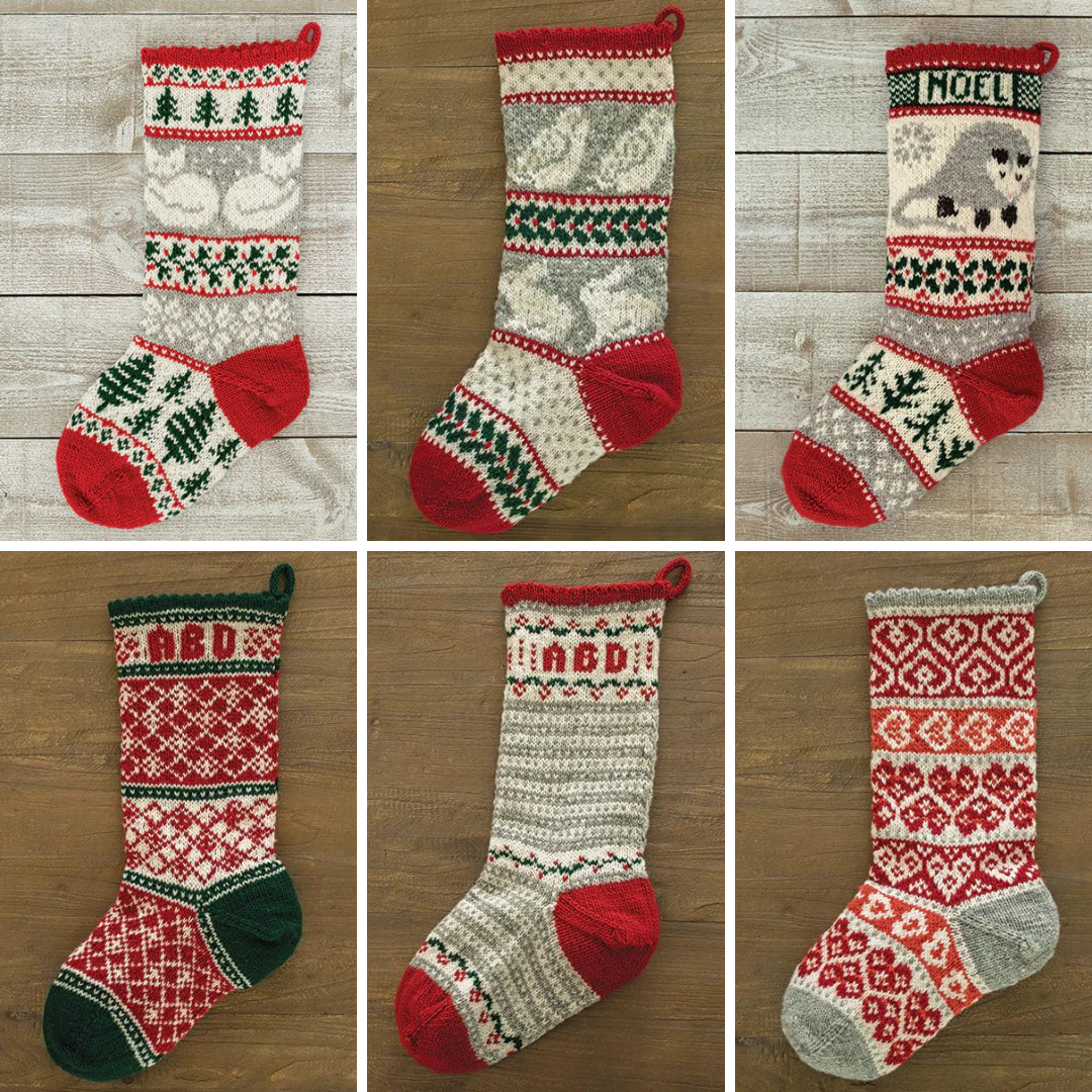 A selection of 6 handknit Christmas stockings featuring holiday motifs