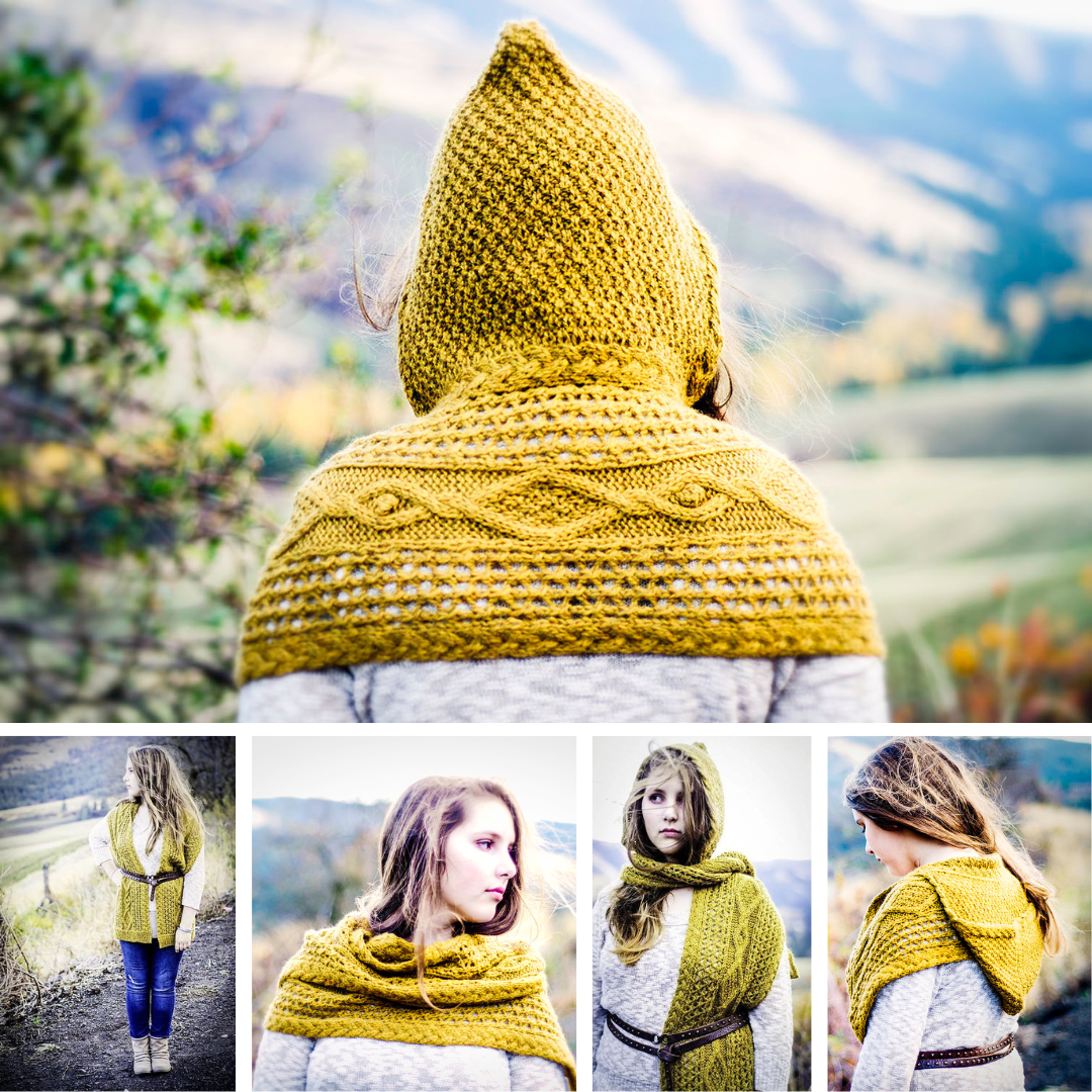 Collage of woman wearing a gold cabled handknit hood scarf combo