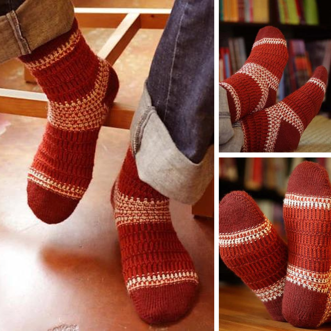 collage of red and white textured handknit socks