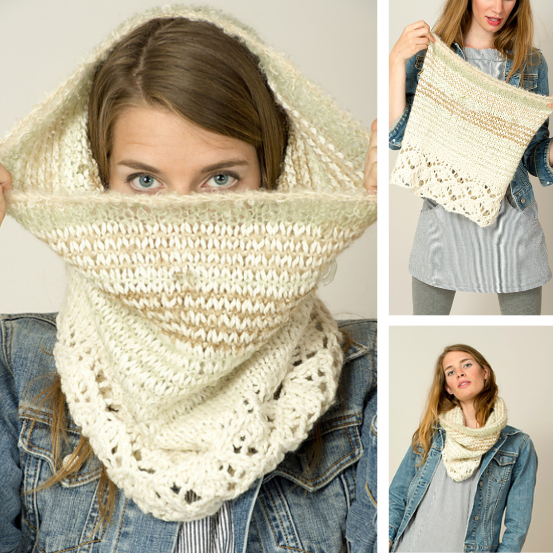 collage of woman wearing and holding a cream and tan handknit cowl with stripes and lacework