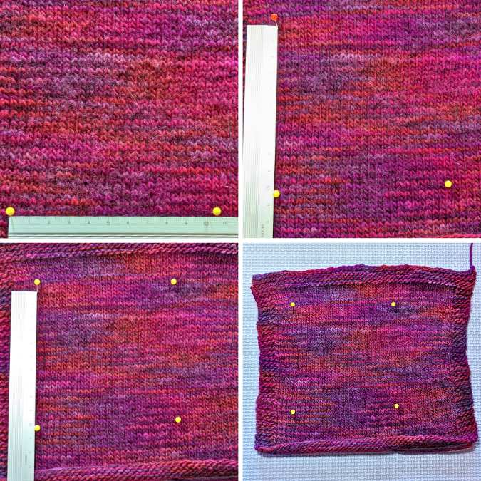 a quad of photos showing how to pin and measure a knit gauge swatch