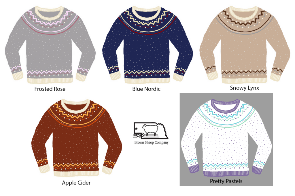 5 sketches showing various color options for the Rose Frost Sweater