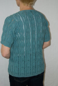the back of a teal lace leaf short sleeve cardigan